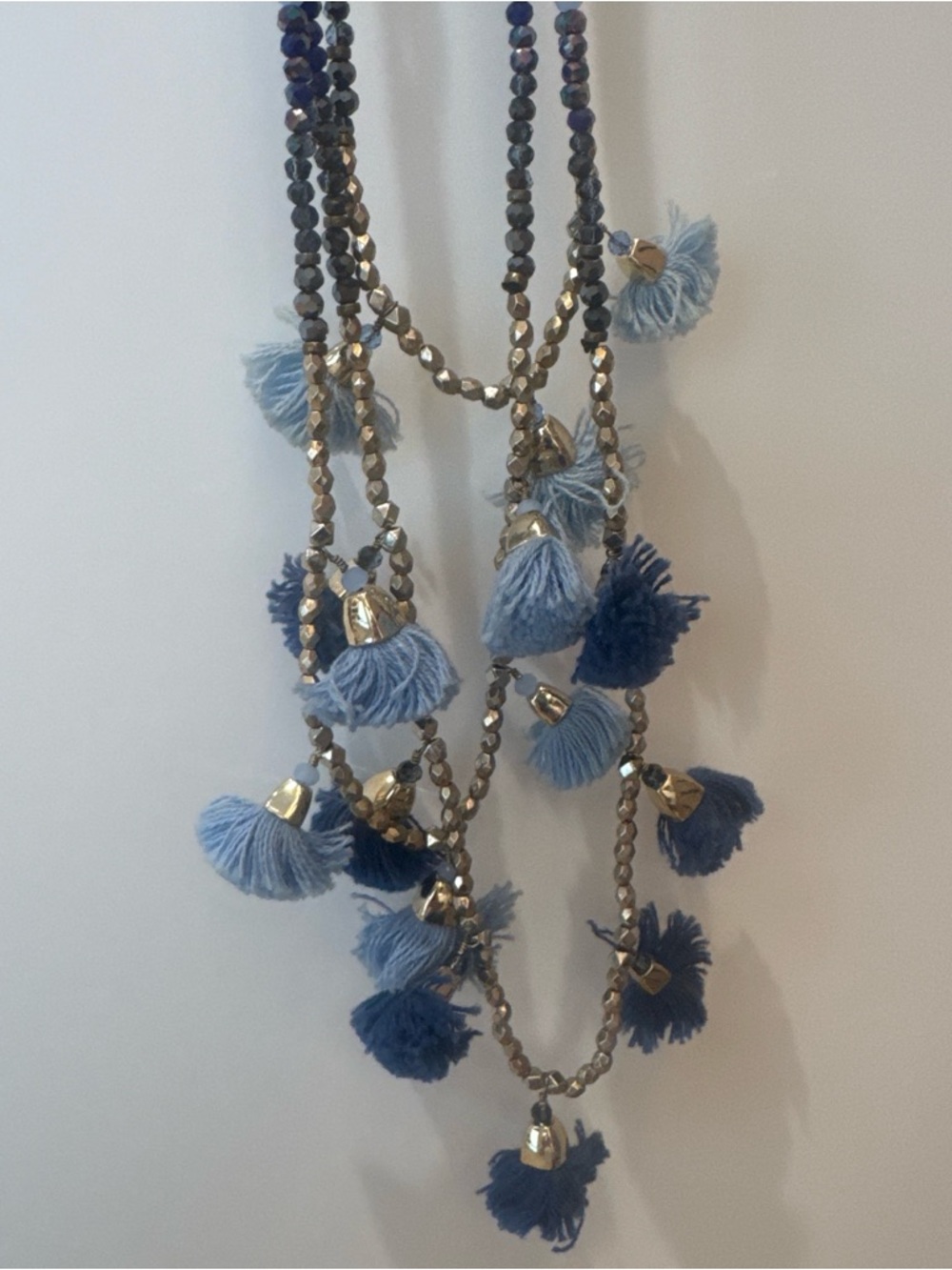Boho Blue Tassel Necklace with Gold Accents
